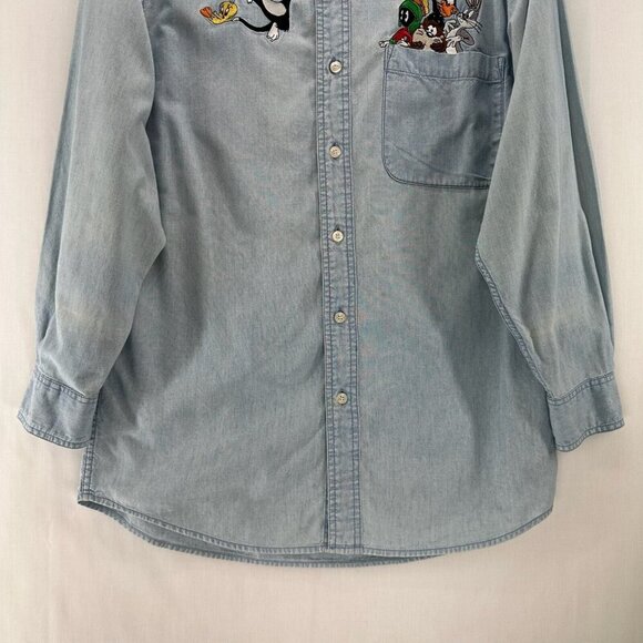 VTG Warner Bros. Shirt Adult XS Looney Tunes Denim Embroidered Button Down Blue - Picture 4 of 13